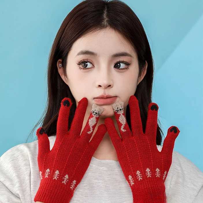 2024 Christmas Winter Gs Womens Touch Screen Keep Warm and Cold Thick Loop Knitted Wool Brushed Red Gs W241026