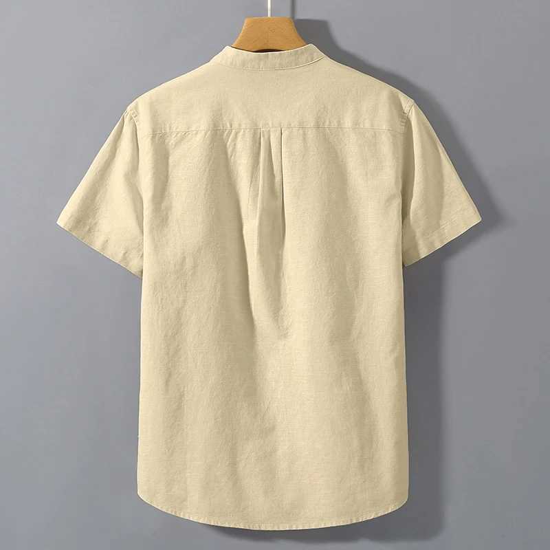 Summer stand up collar solid color short sleeved Slve cotton shirt fashionable breathable loose youth basic pocket top W241026