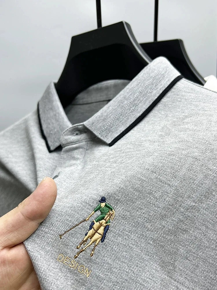 High end solid color long sleeved exquisite embroidered POLO shirt for mens fashion lapel Tshirt casual anti wrinkle top 241025