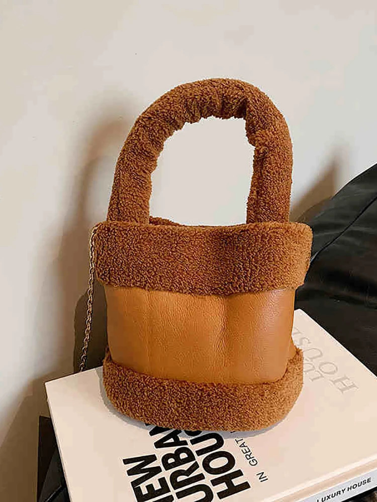 Cashmere patch womens bucket bag autumn winter fashion casual party shoulder cross body bag cute plush handbag 241025