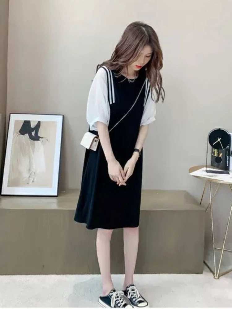 New maternity clothing set summer short sleeved Koto top shoulder strap chiffon dress diagonal loose maternity dress W241026