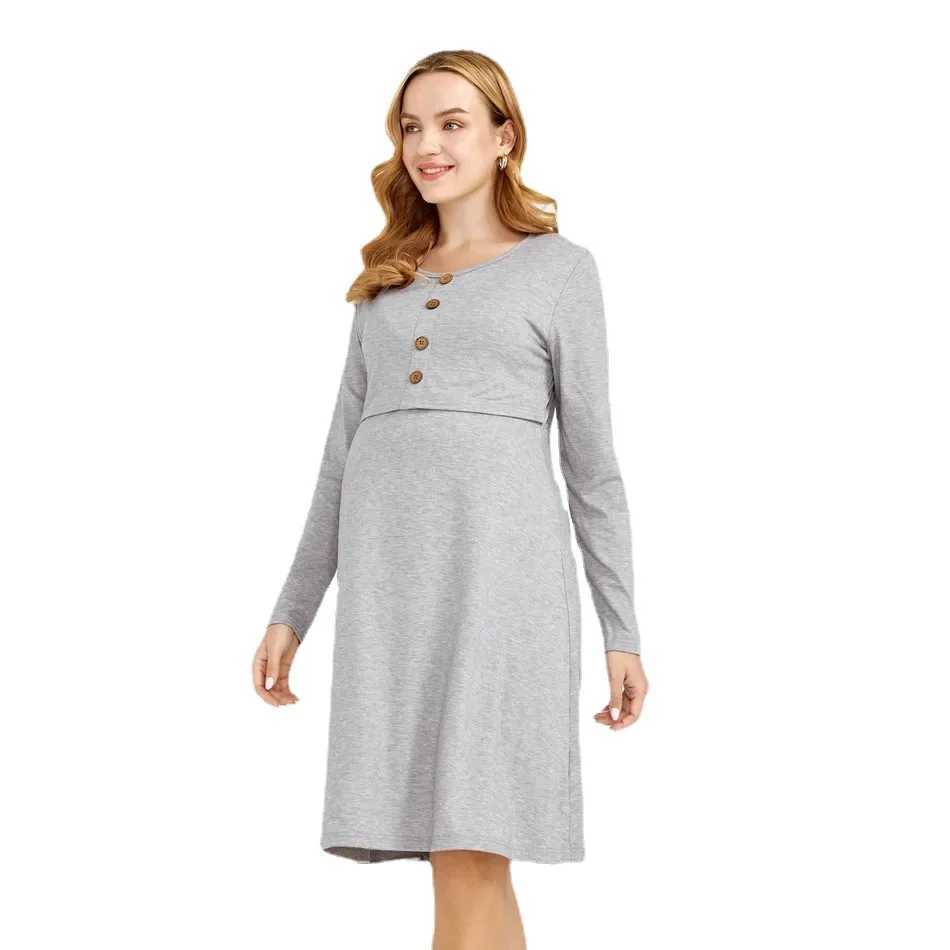 Summer Womens Solid Color Pregnant Long Dress Comfortable Foldable Round Neck Fashionable Breast Enhancement Dress W241026