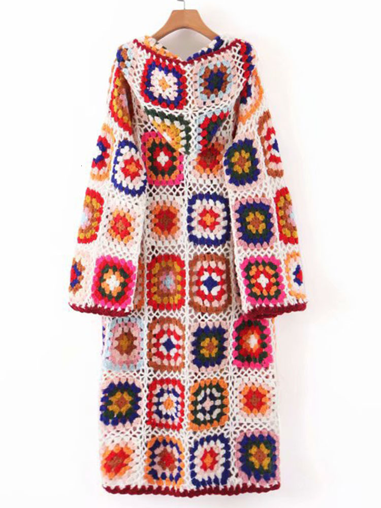 Gypsylady Vintage Handmade Kintted Multicolor Crochet Hooded Women Winter Cardigan Long Sweater Outerwear Coat