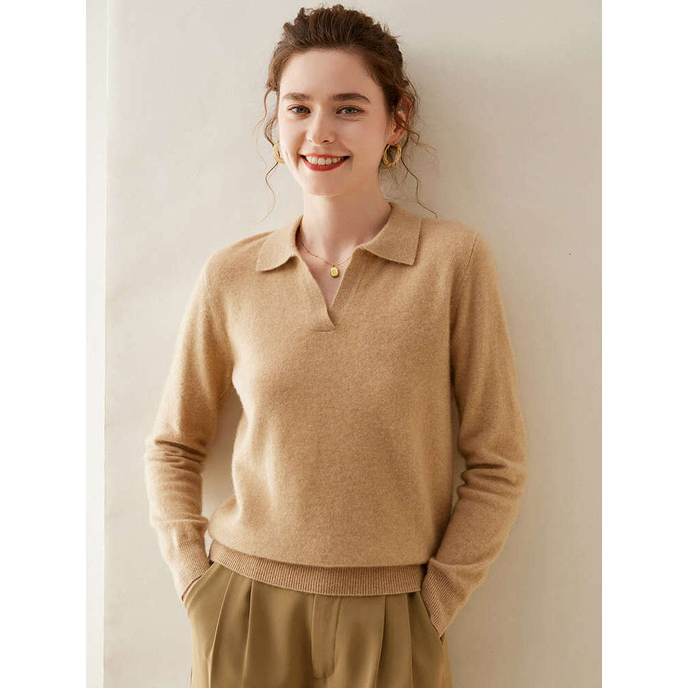 New Fashion Women's POLO V-Neck Pullover Autumn Winter 100% Cashmere Knitwear Soft Warm Solid Sweater Shirt