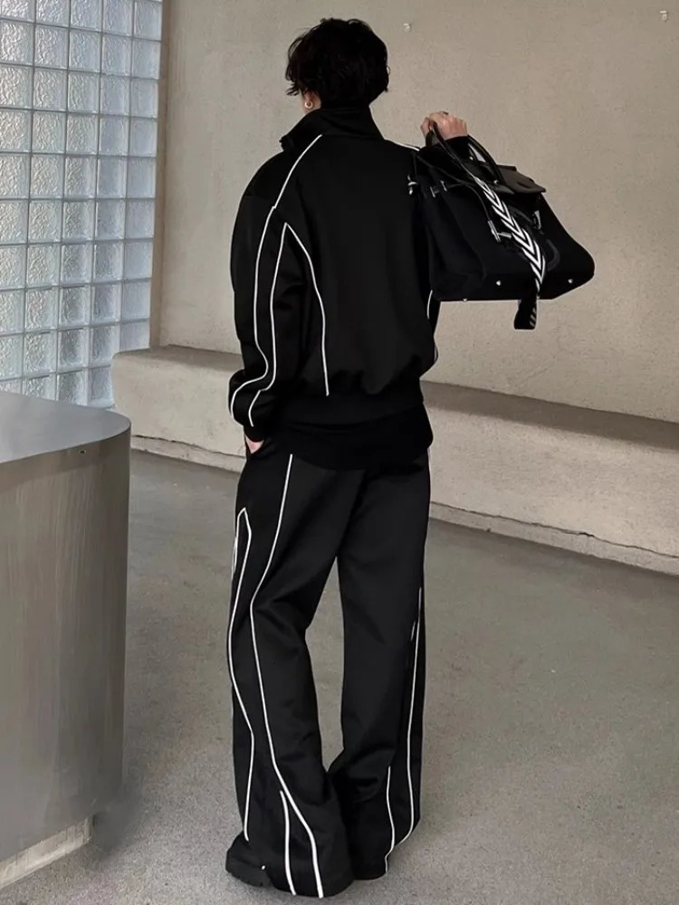 Spring Autumn Long Sleeve Stand Collar Jacket Wide Leg Pants Mens Two Piece Set Loose Fit Running Tracksuit Male Sport Sets 241025
