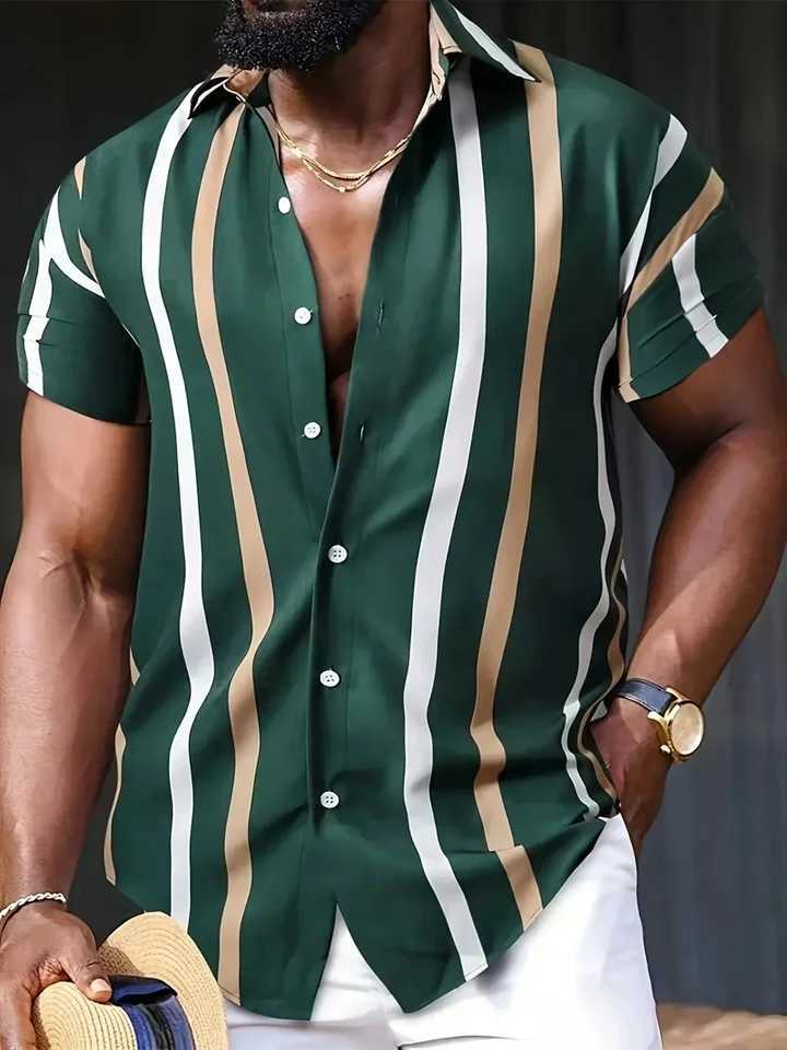 2024 New Business Leisure Striped Summer Haian Beach Mens Shirt 3D Printed Clothing Oversized Short Sleeve Mens Fashion W241026