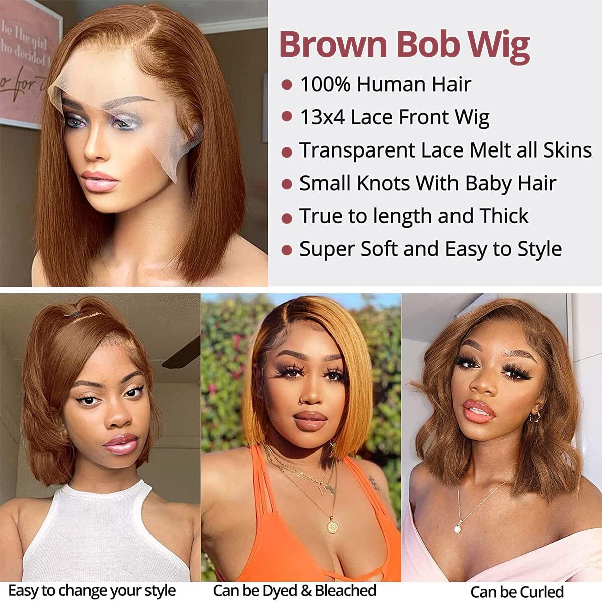 Density 4 Bone Straight Short Bob Human Hair Colored Chocolate Brown Transparent Lace Frontal Wig For Women