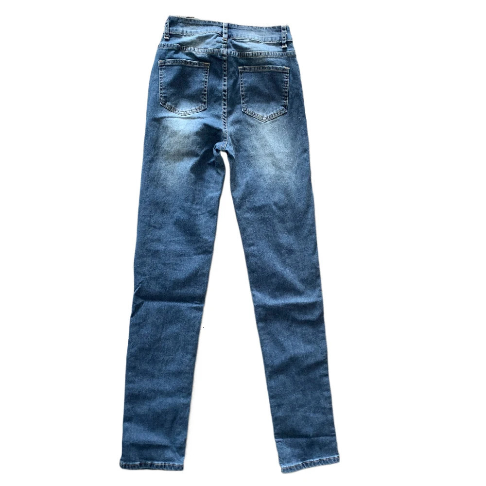 Summer Fashion Y2K Retro Ripped Hole Jean Print High Waist Skinny Stacked Blue Denim Pants Streetwear Elastic Trousers 241025