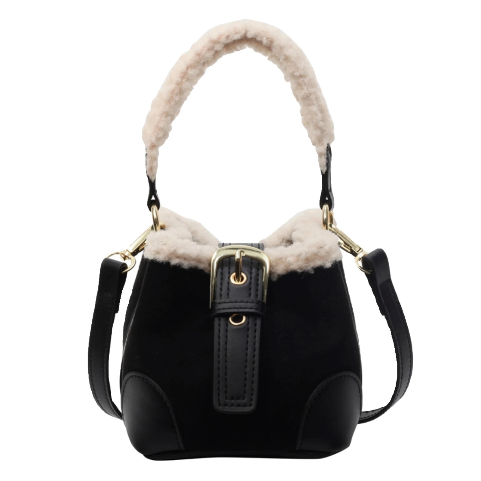 Matte suede plush edge mini bucket bag suitable for female comparison patch work handle winter and spring womens shoulder bag 241025