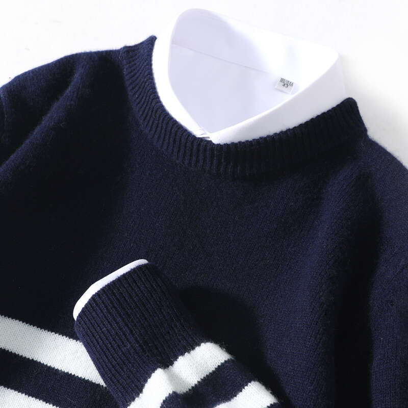 Men's 100% Merino Wool Sweater Autumn Winter Thickened Long Sleeve O-Neck Pullovers Loose Striped Knit Shirt Casual Warm Tops