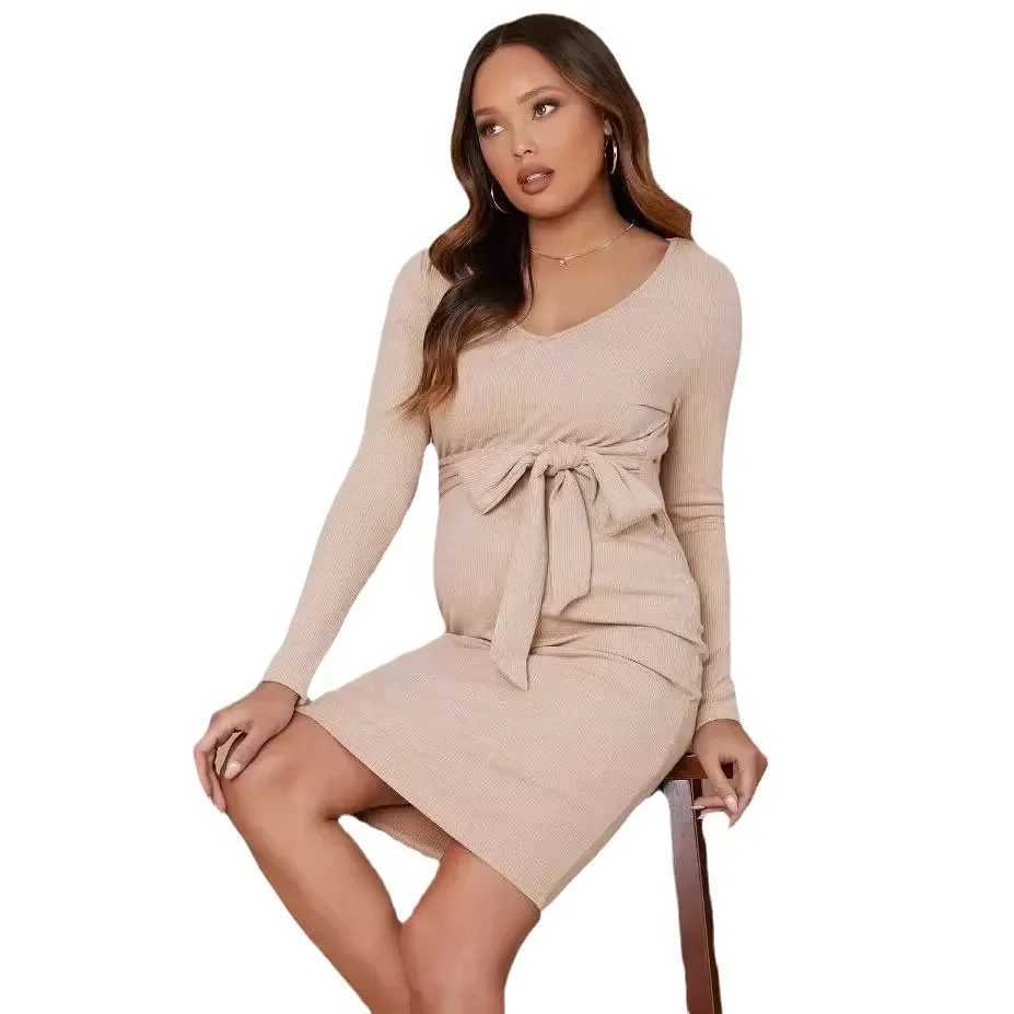 2024 Europe US V-neck tie waist long sleeved knitted maternity clothing maternity clothing W241026