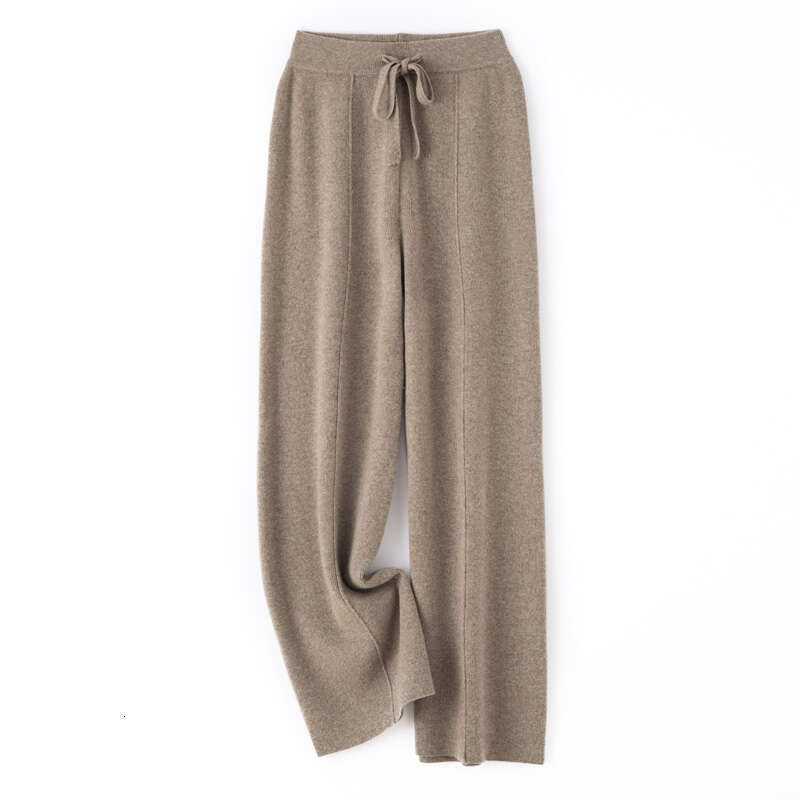 2024 Fashion Women Pure Color Wide Leg 100% Merino Wool Knitted Trousers Spring Autumn High Waist Lace-Up Pants