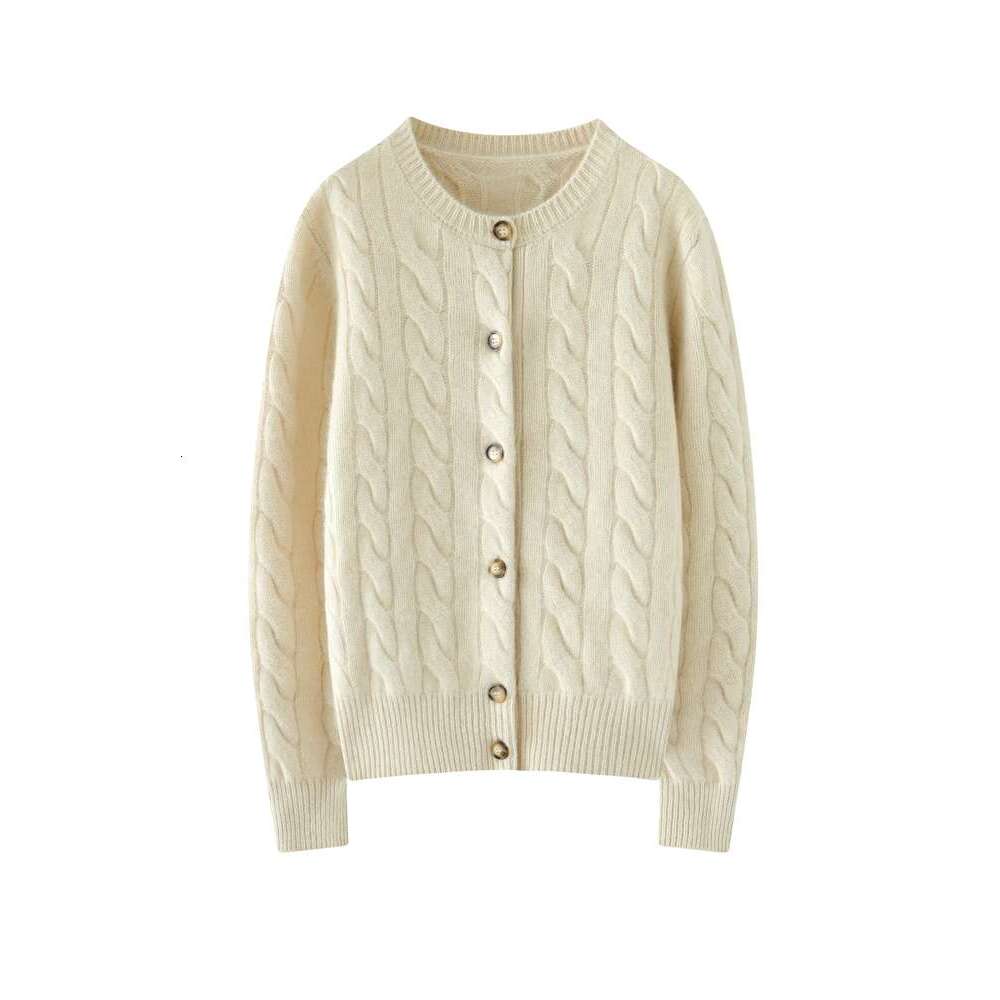 Women's 100% Sweater O-Neck Cable Knit Cardigan Autumn Winter Preppy Style Cashmere Knitwear Thickened Soft Female Tops