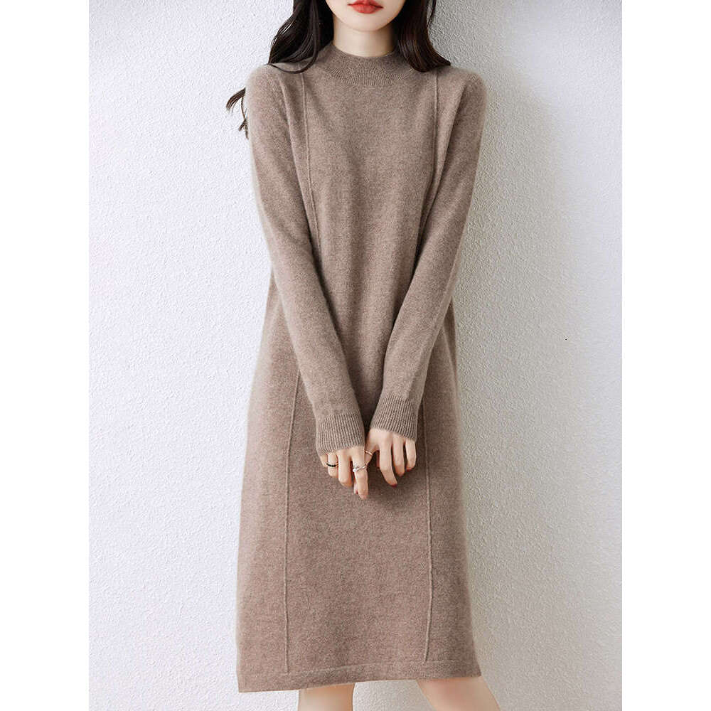 2024 New Women's Long Dresses 100% Merino Wool Autumn Winter Half High Collar Pullover Sweater Skirt Cashmere Knitwear Dress