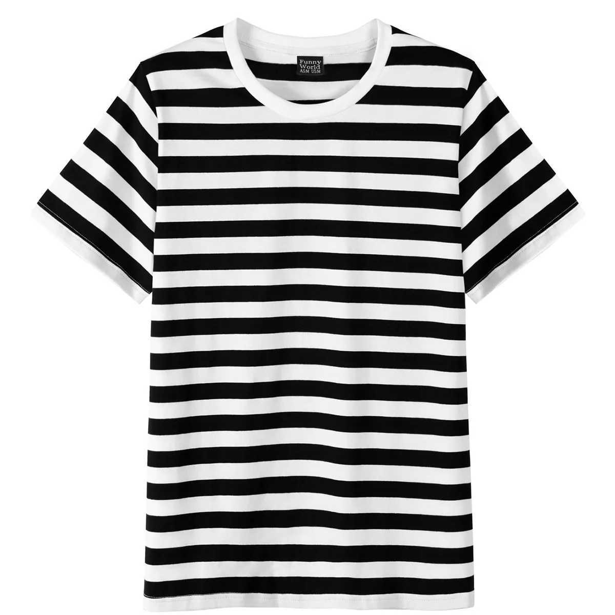 Black and white striped mens pure cotton short sleeved casual basic T-shirt summer fashion Japanese clothing W241026