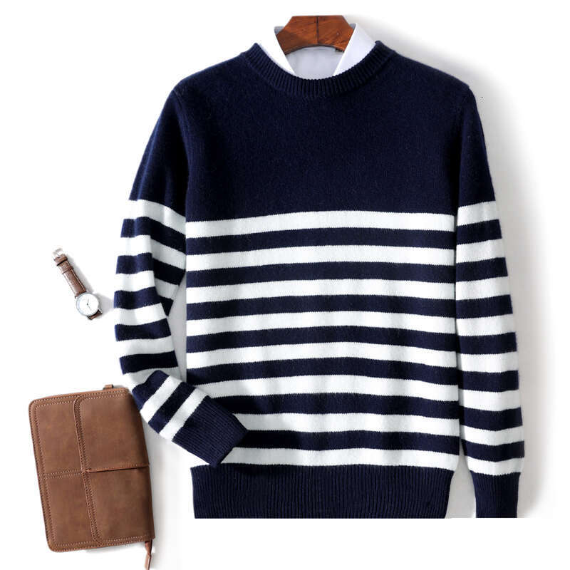 Men's 100% Merino Wool Sweater Autumn Winter Thickened Long Sleeve O-Neck Pullovers Loose Striped Knit Shirt Casual Warm Tops