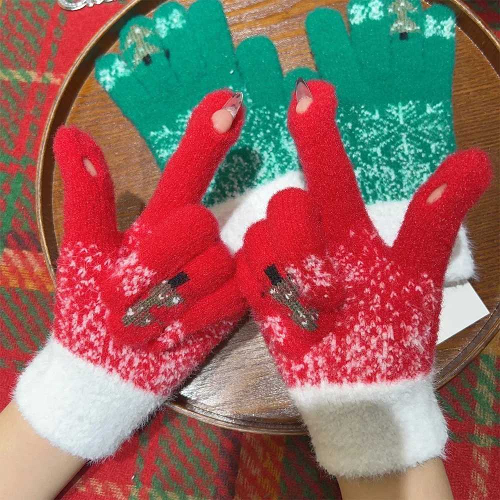 Winter Thick Cashmere Gs Christmas Tree Knitted Warm Finger Skiing Gs Touchscreen Double layer Plush Christmas Gs W241026