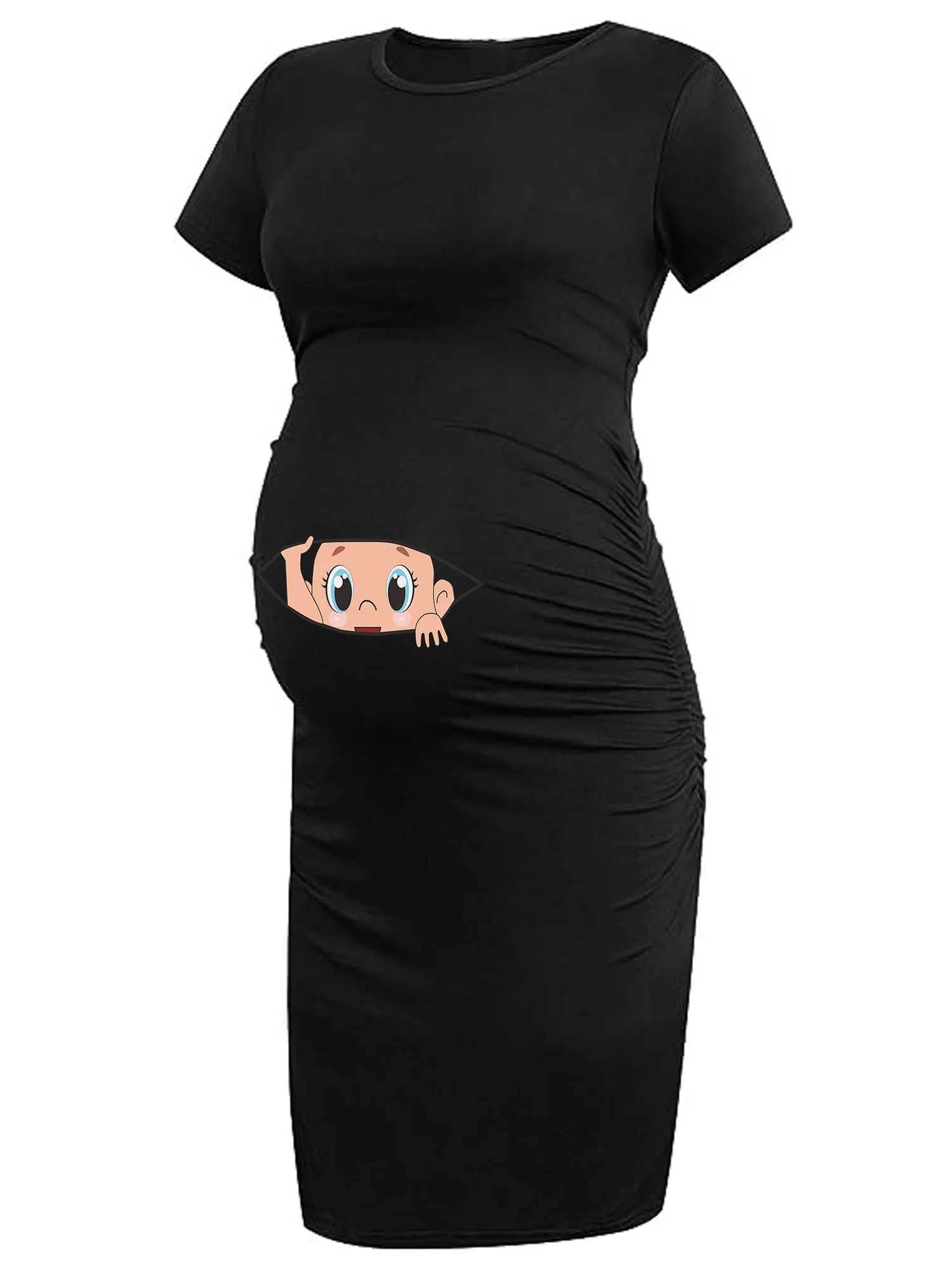 Womens pregnant womens cute cartoon pattern printed short sleeved dress summer slim fit pregnant womens clothing W241026