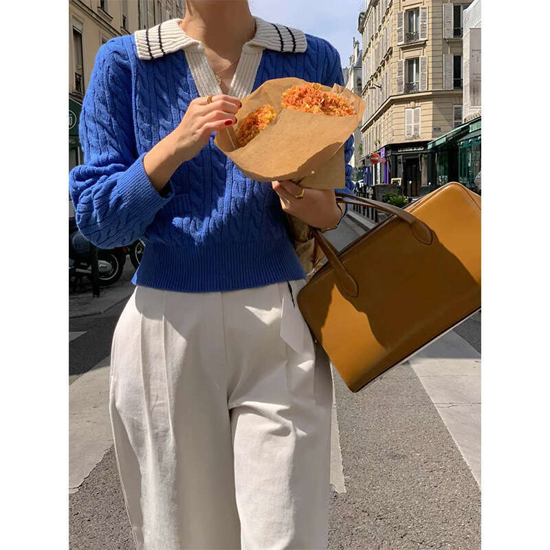 Color Contrast Lapel Fried Dough Twists Knit Design Women Autumn & Winter Long Sleeve Top Pullover Sweater Women's Wear