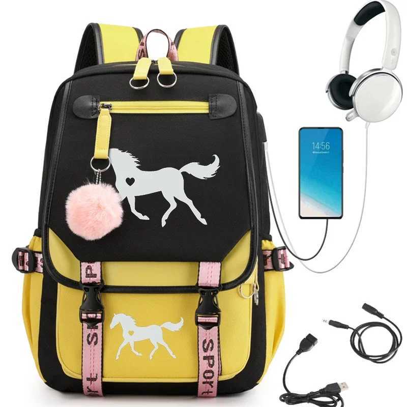 Schoolbag for Girls Large Capacity High School Student Backpack Horse Heart Carto Bagpack Usb BookbagXJ241026