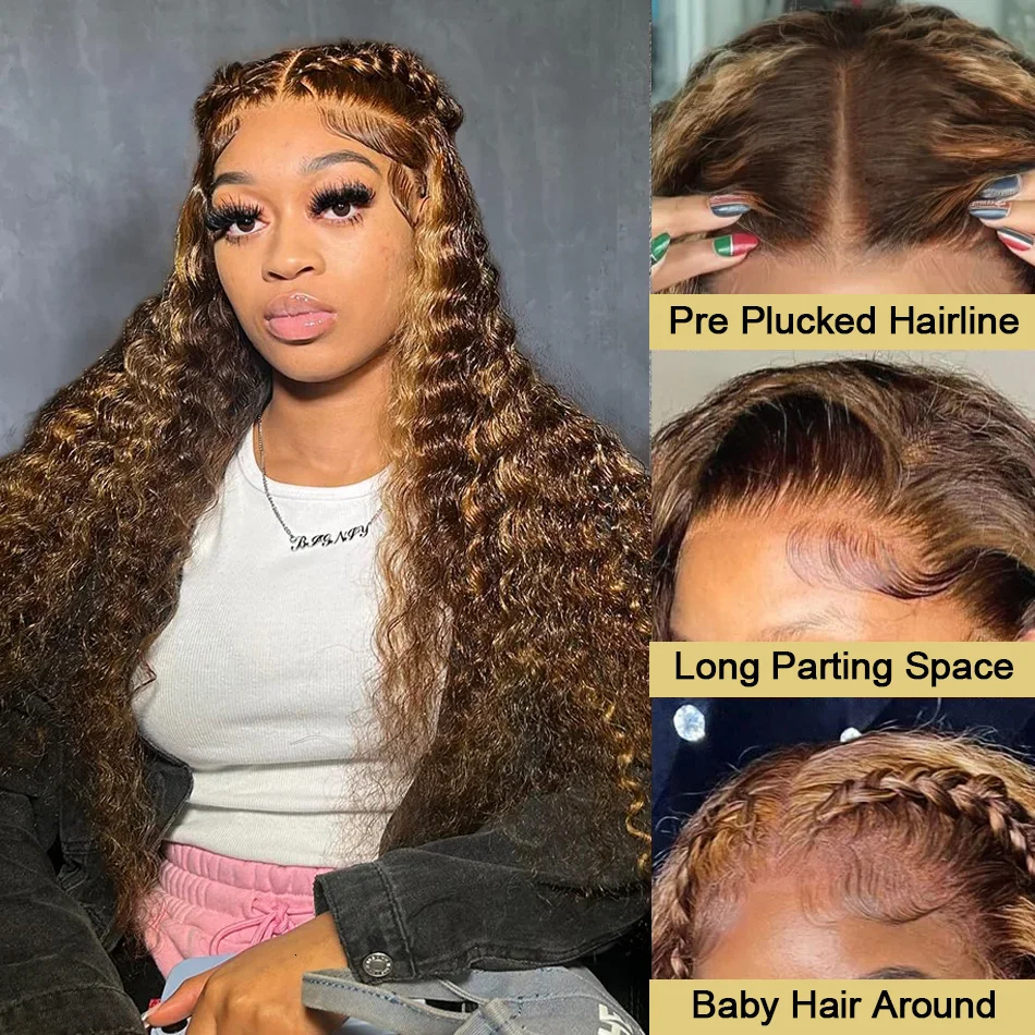 4/27 Highlight Ombre Deep Brazilian Colored Curly Wigs 13x4 Lace Front Human Hair Wig Water Wave