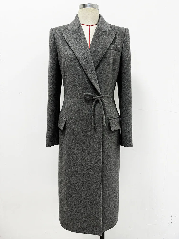 2024 est Winter Vintage Long Cloth Bowknot Notched Full Sleeve Women High Quality Solid Wool Blends Coat 241025