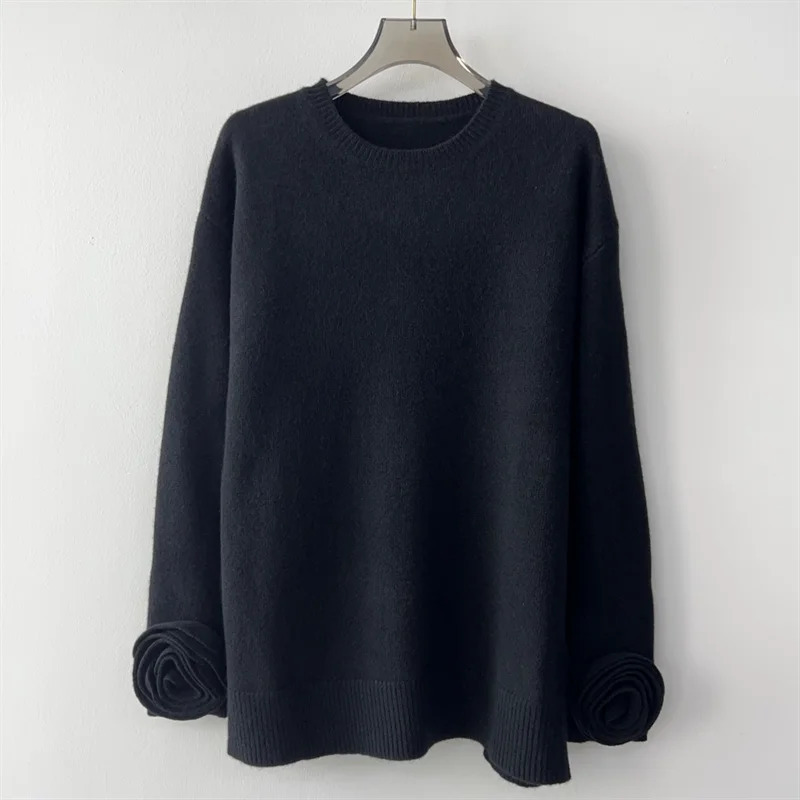 Womens sweater 3D floral decorated round neck pullover for autumn 2024 wool blend long sleeved top Elastic Knitwear 241025