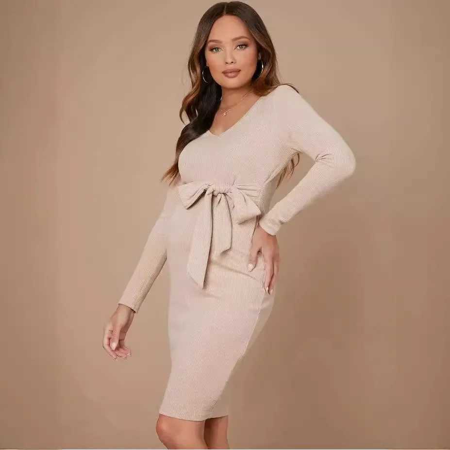 2024 Europe US V-neck tie waist long sleeved knitted maternity clothing maternity clothing W241026