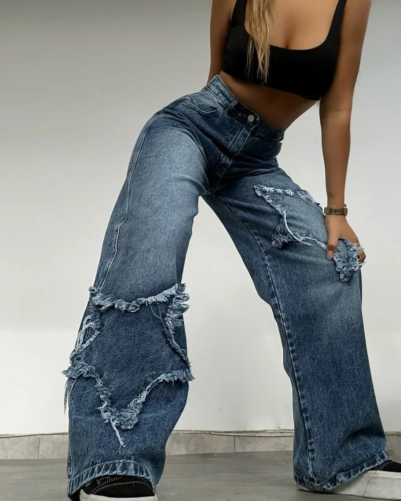Y2K Fashion Star Embroidery Patch Baggy Jean Street Harajuku Vintage Hip Hop Casual Gothic High Waist Wide Leg Pants 241025
