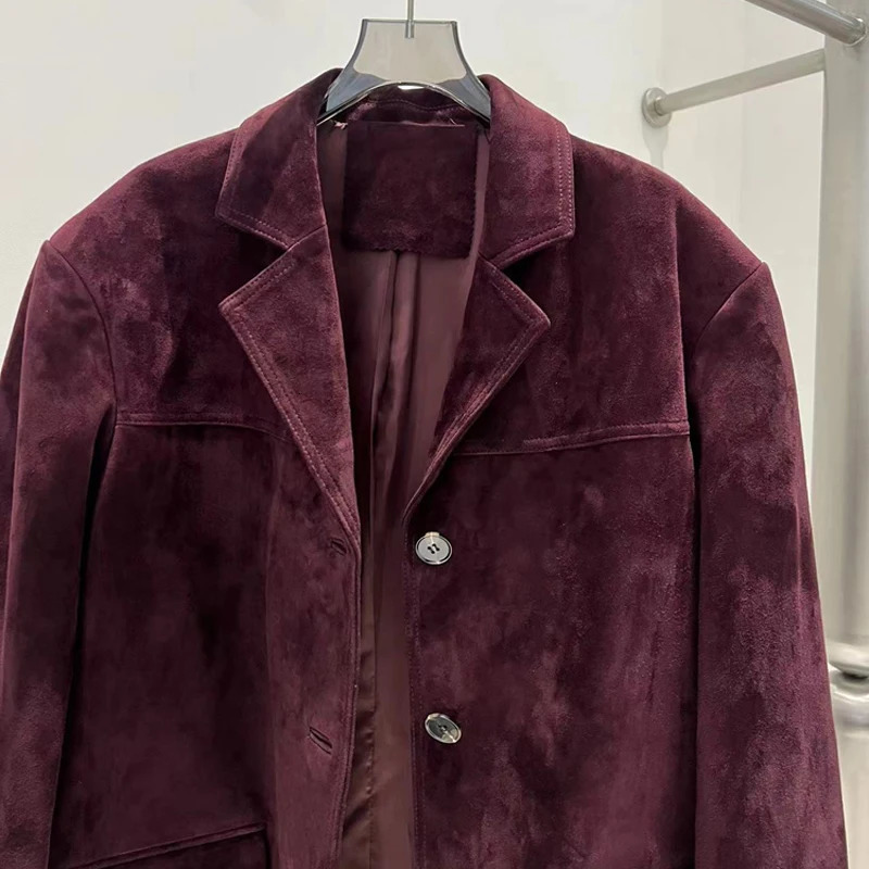 French high-end Western style womens leather jacket purple red oversized casual rens suede suit jacket 241025