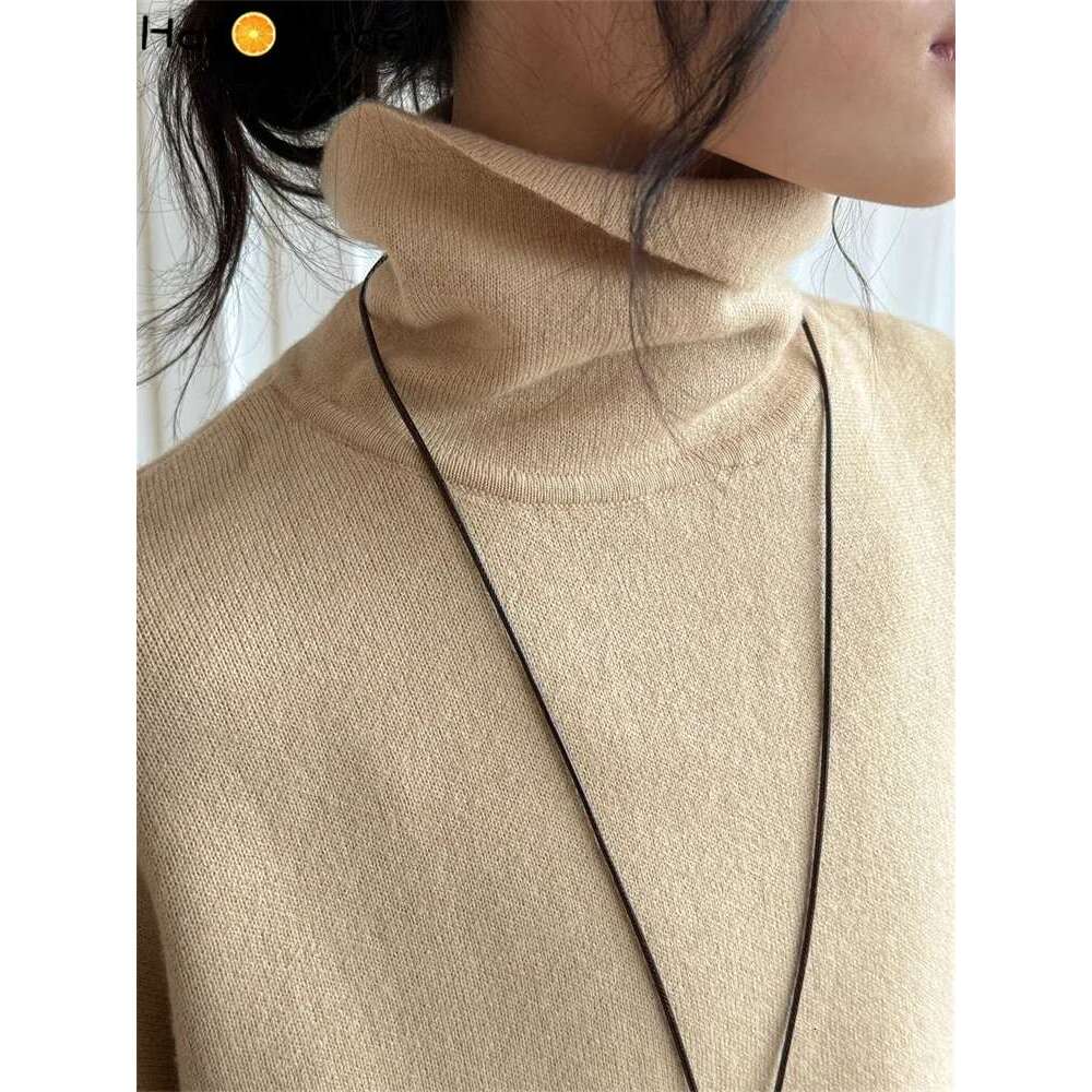 Hanorange 2024 Winter Turtleneck Cotton Cashmere Sweater Women Soft Skin Friendly Loose Top Black/Apricot