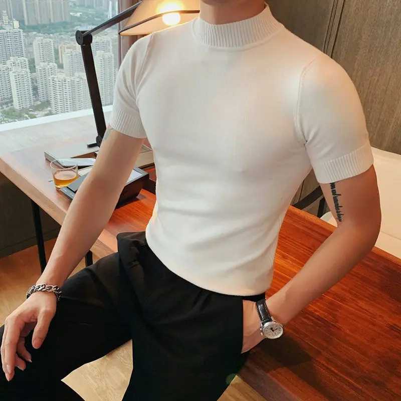 2023 Spring/Summer New Slip Mens Knitted T-shirt Solid Color Slimming T-shirt W241026