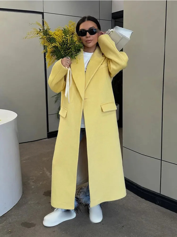 Elegant Lapel With Packet One Button Woolen Coat Women Fashion Yellow Long Sleeve Loose Overcoat 2024 Autumn Winter Lady Outwear 241025