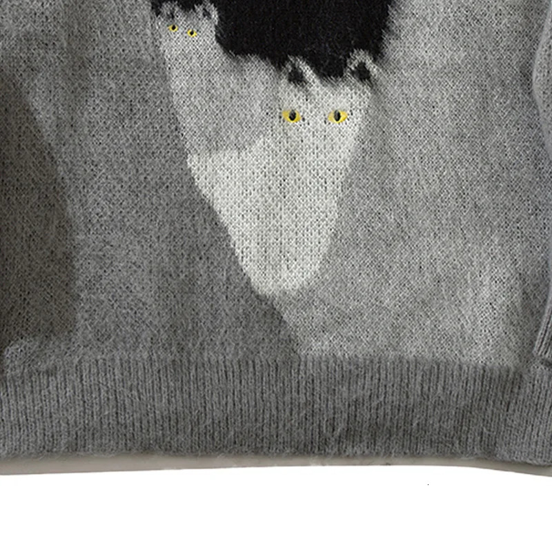 Womens Autumn And Winter Black Cat Sweater Unisex Round Neck Casual Knitted Pullover 241025