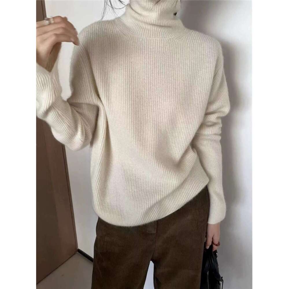 Thick Turtleneck 100% Cashmere Knitwear Women's Autumn And Winter Loose Pile Neck Sweater Pure Wool Base Top