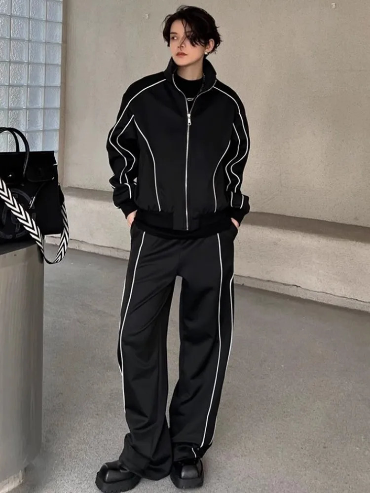 Spring Autumn Long Sleeve Stand Collar Jacket Wide Leg Pants Mens Two Piece Set Loose Fit Running Tracksuit Male Sport Sets 241025