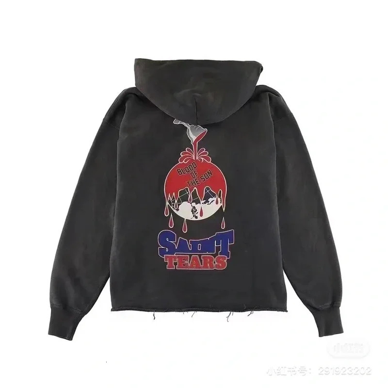 Washed Black Saint Hoodie Men Women Pullover Graffiti Damaged Hooded 241025