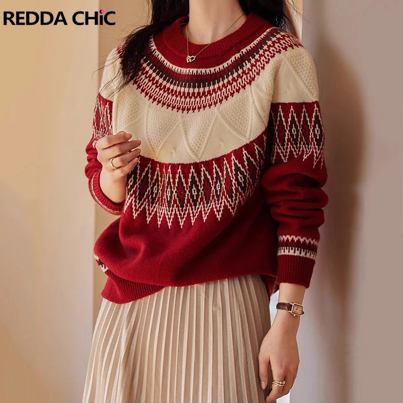 REDDACHiC Jacquard Retro Women Fair Isle Sweater Oneck Pullover Long Sleeves Loose Casual Jumper Top Christmas Winter Knitwear 241025