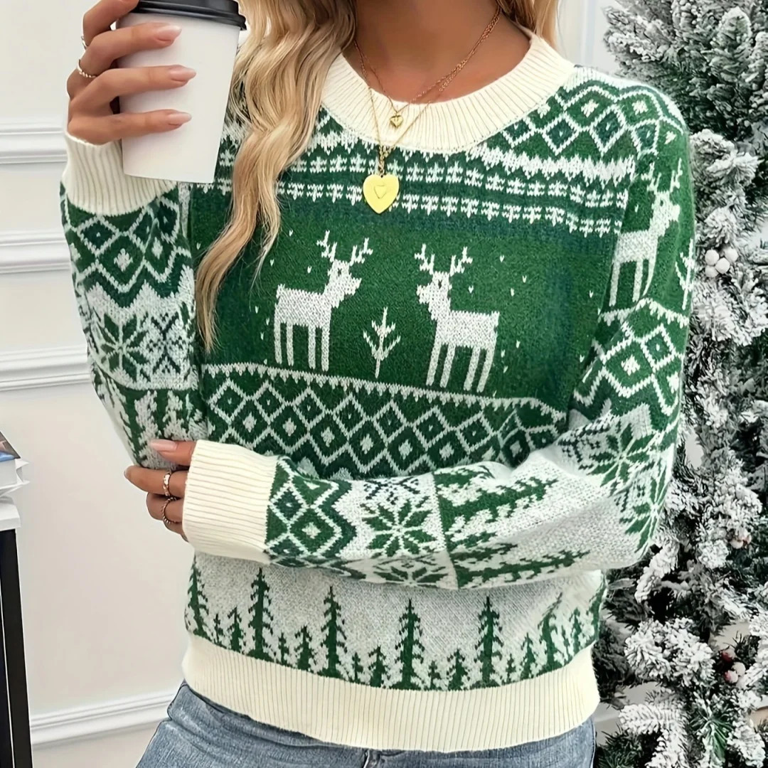 Women Jacquard Christmas Sweater Winter Clothes Loose Long Sleeve ONeck Knitted Sweaters Lady Pullover Green Sweter Streetwear 241025