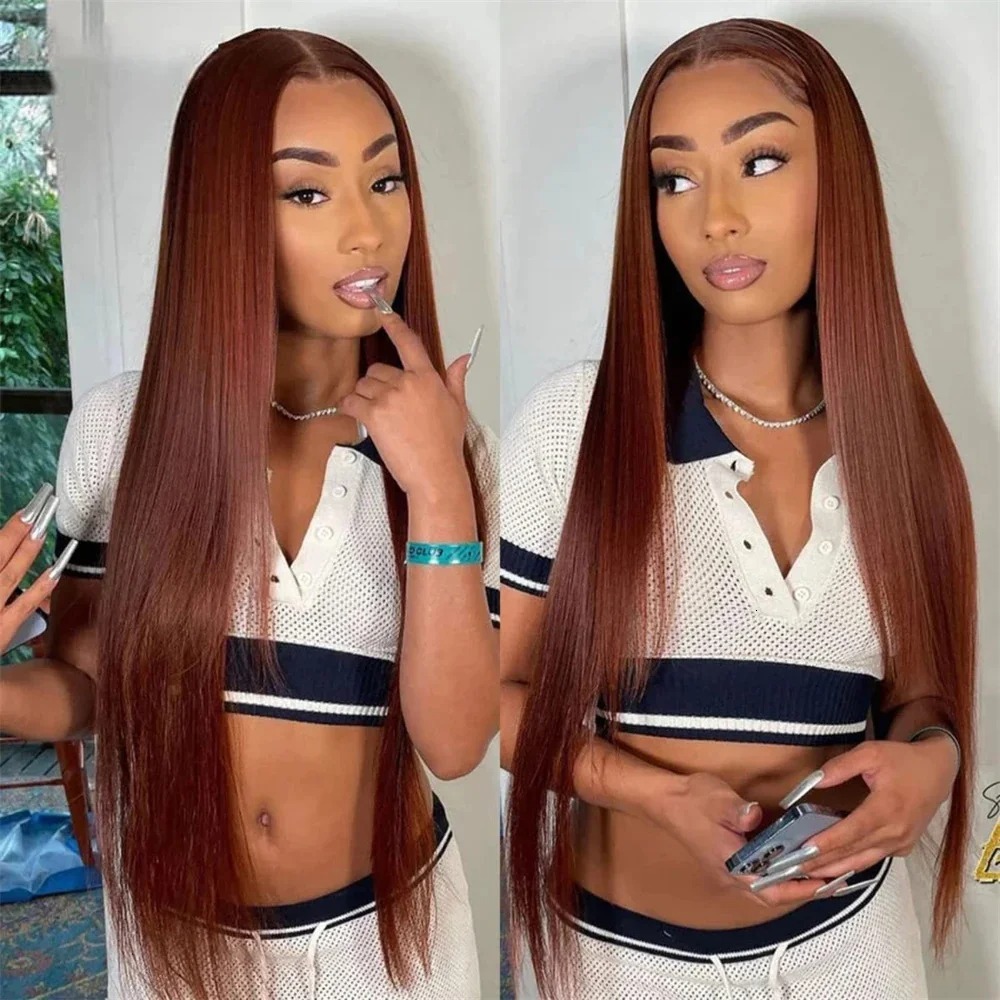 Reddish 4x4 Closure Wigs Human 180% Density Straight Copper Red Lace Front Wig Auburn Brown Brazilian Hair
