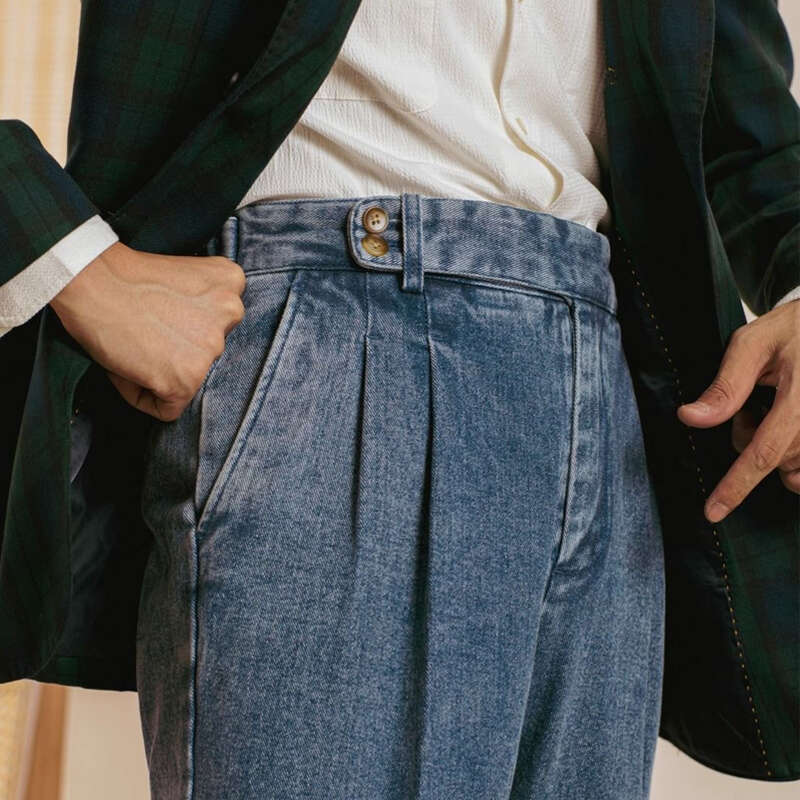Men's Naples denim pants, English style double pleated waist button pants, business casual retro denim pants, street wear, gentlemen
