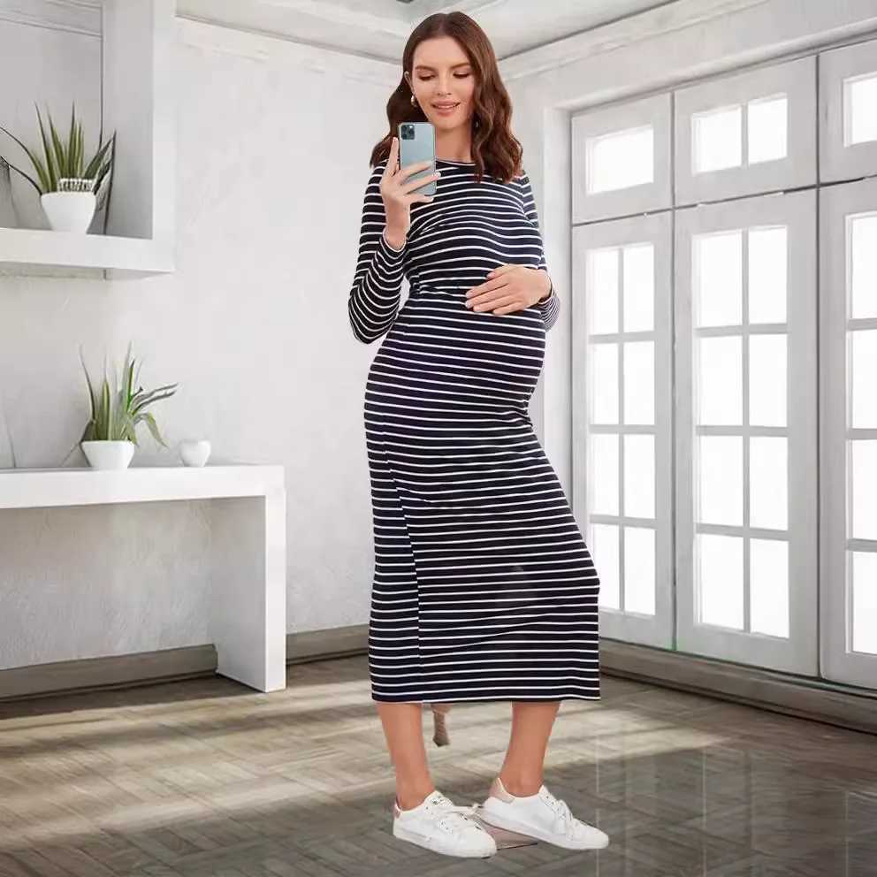 Womens long sleeved striped round neck maternity outfit sexy one-step technology casual wear casual wear casual wear spring summer W241026
