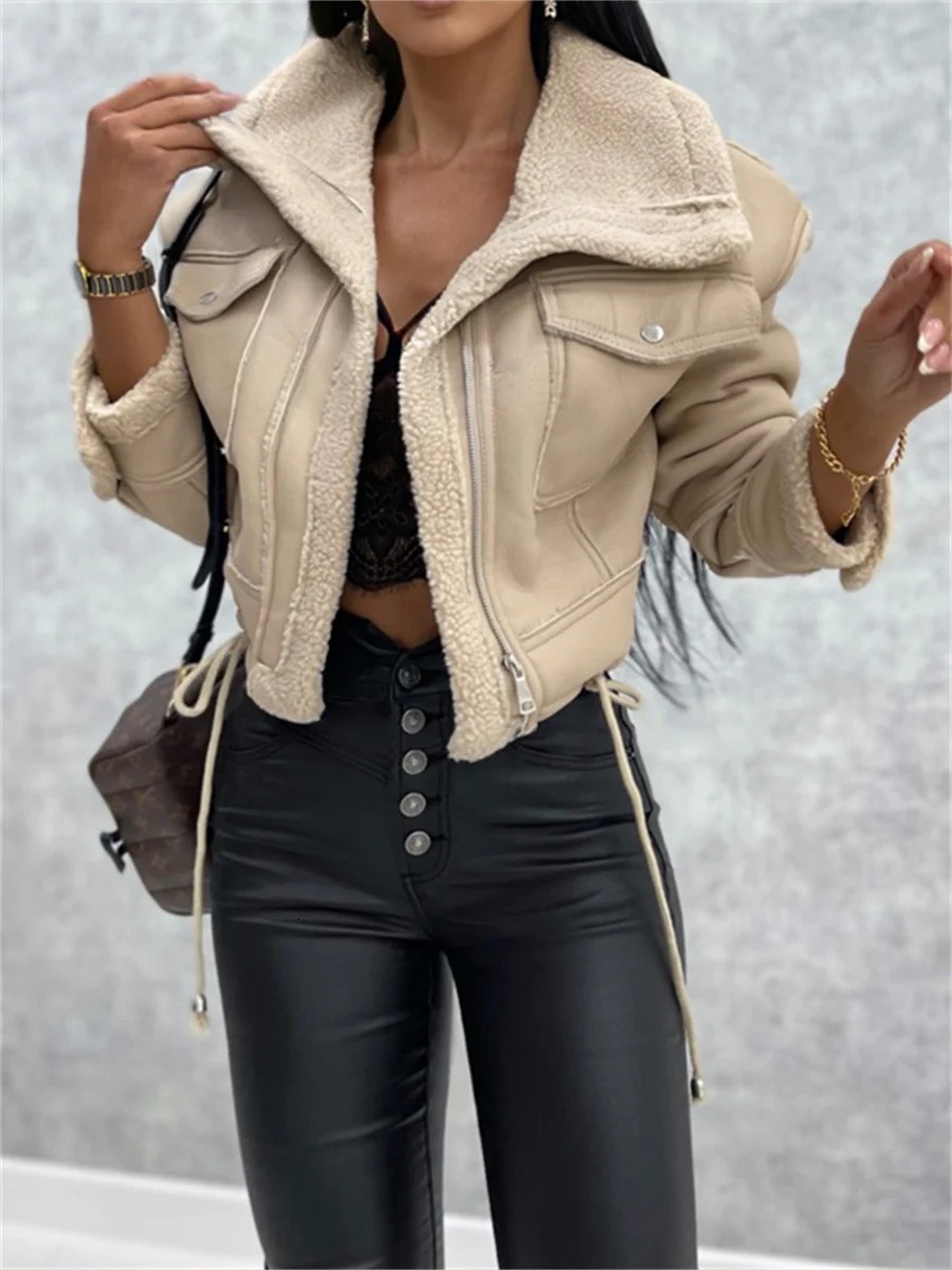 WSEVYPO wool patch work suede winter warm jacket womens casual long sleeved lapel collar zipper jacket street party jacket 241025