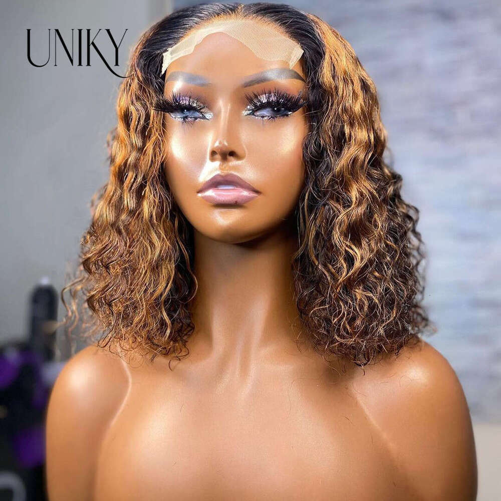 Short Curly Bob Highlight 13X4 Front Human Hair Wigs For Women Ombre Color Brazilian Deep Wave Lace Closure Frontal Wig