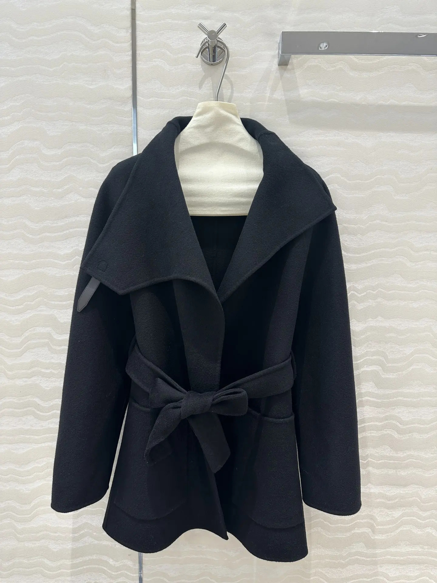 Wool Blend Autumn Winter Solid Cashmere Turndown Collar Sashes Midlength Coat Trendy Basics Slim Female Clothes 241025