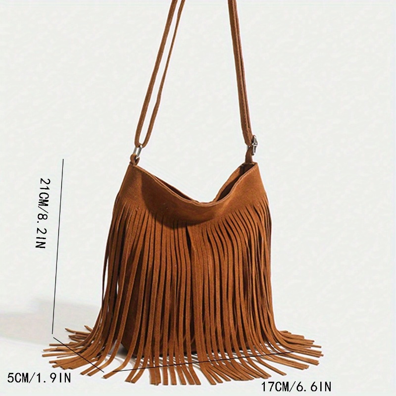 Brown Suede Elegant Crossbody Bag with Adjustable Strap - Hand Washable, Solid Color, Buckle Closure, Polyester Lined, No Oil Edges Fringe Shoulder Ba