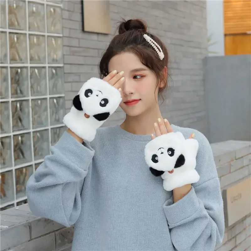 Fashionable womens plush warm G fur cat gloves with lapel fingers G soft girl thick G flexible half finger winter W241026
