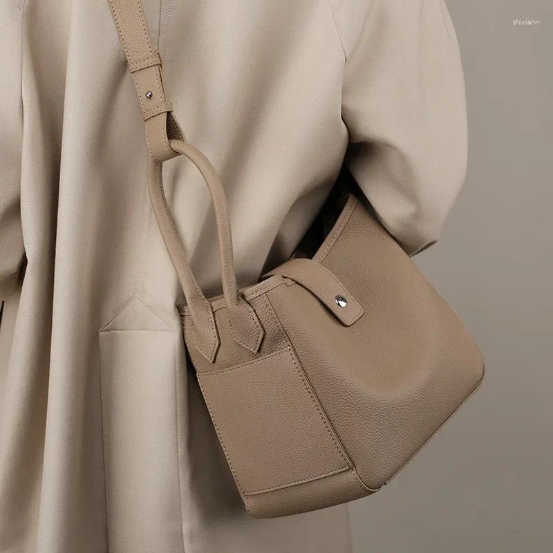 Drawstring Leather Handbag First Layer Cowhide Fashion Design Basket Shoulder Bag Temperament Soft Bucket