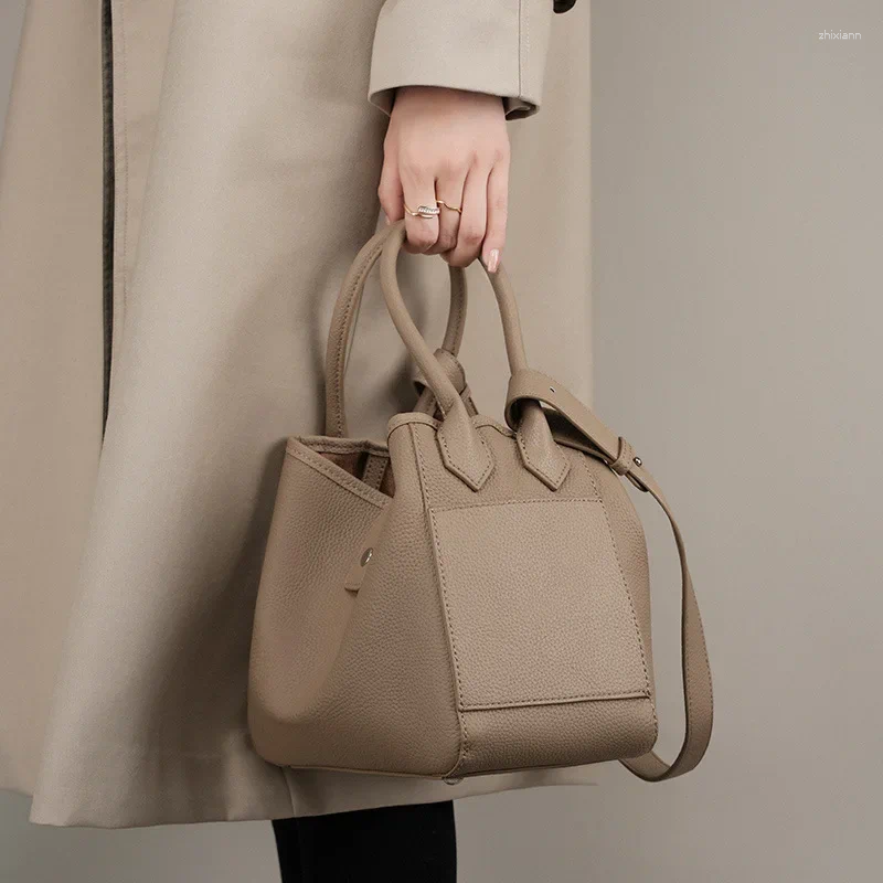 Drawstring Leather Handbag First Layer Cowhide Fashion Design Basket Shoulder Bag Temperament Soft Bucket