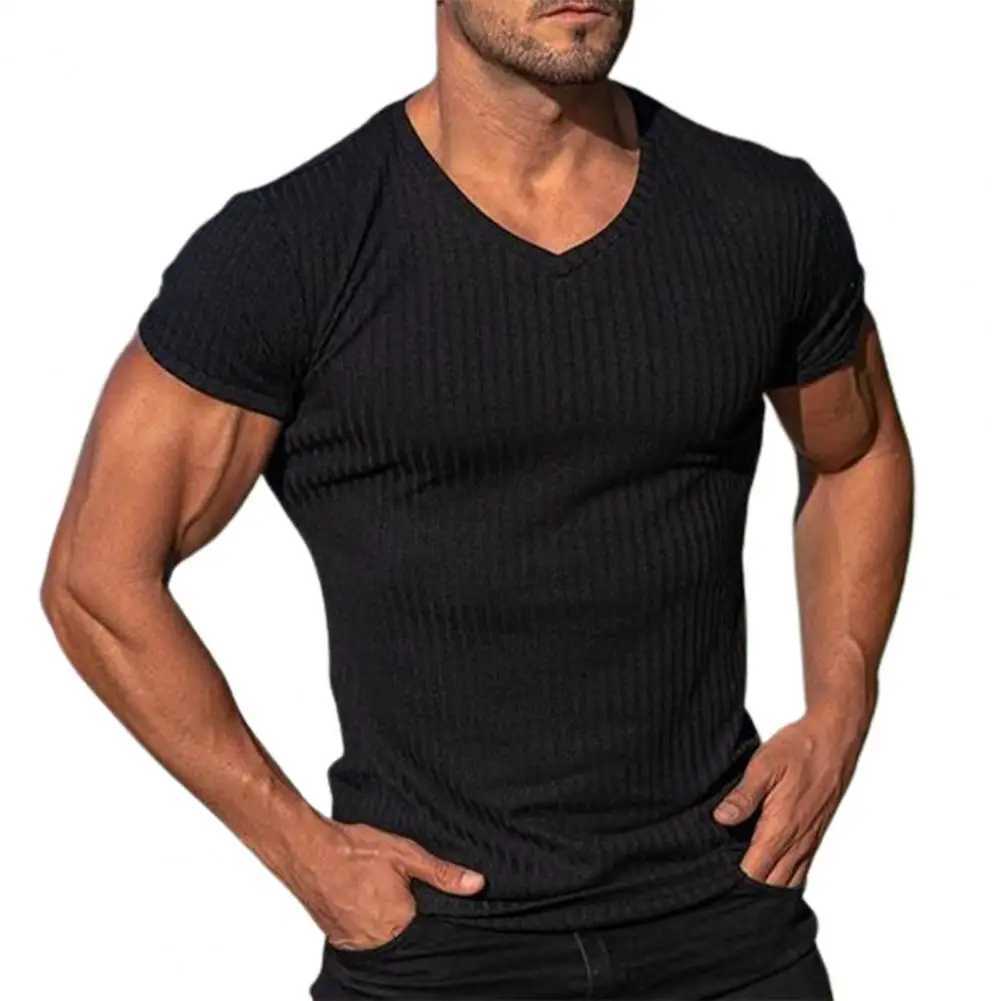 Dp V-neck mens T-shirt low cut V-neck wide V-neck mens T-shirt hidden lingerie pattern conical hem slim fit short sleeve W241026